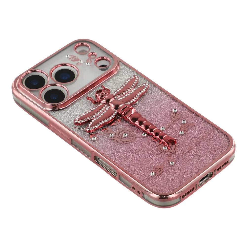 KADEM For iPhone 17 Pro Case Dragonfly Kickstand TPU Flowers Glitter Phone Cover - Pink - 7