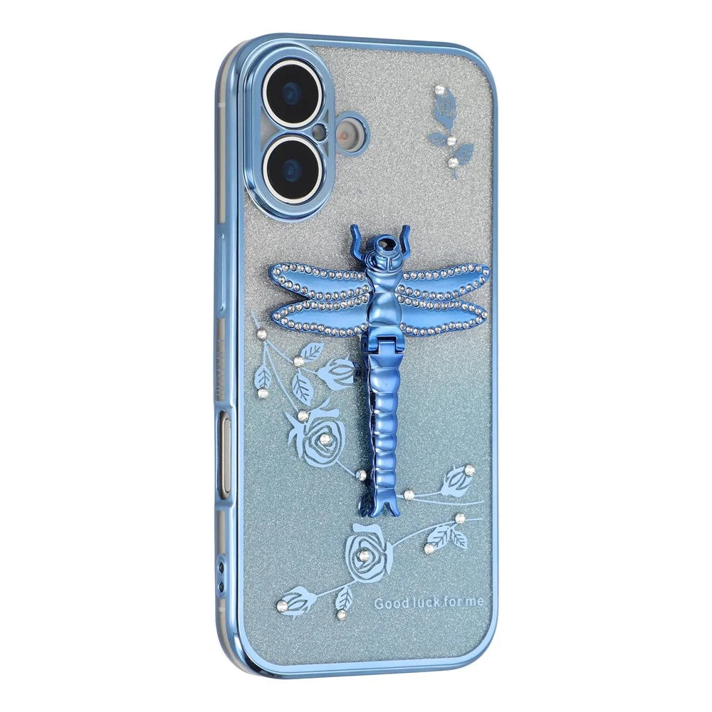 KADEM For iPhone 17 Case Dragonfly Kickstand TPU Flowers Glitter Phone Cover - Blue - 1