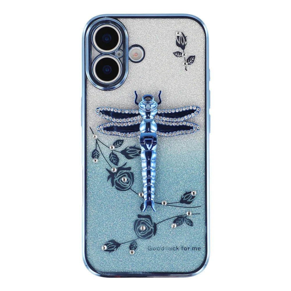 KADEM For iPhone 17 Case Dragonfly Kickstand TPU Flowers Glitter Phone Cover - Blue - 3