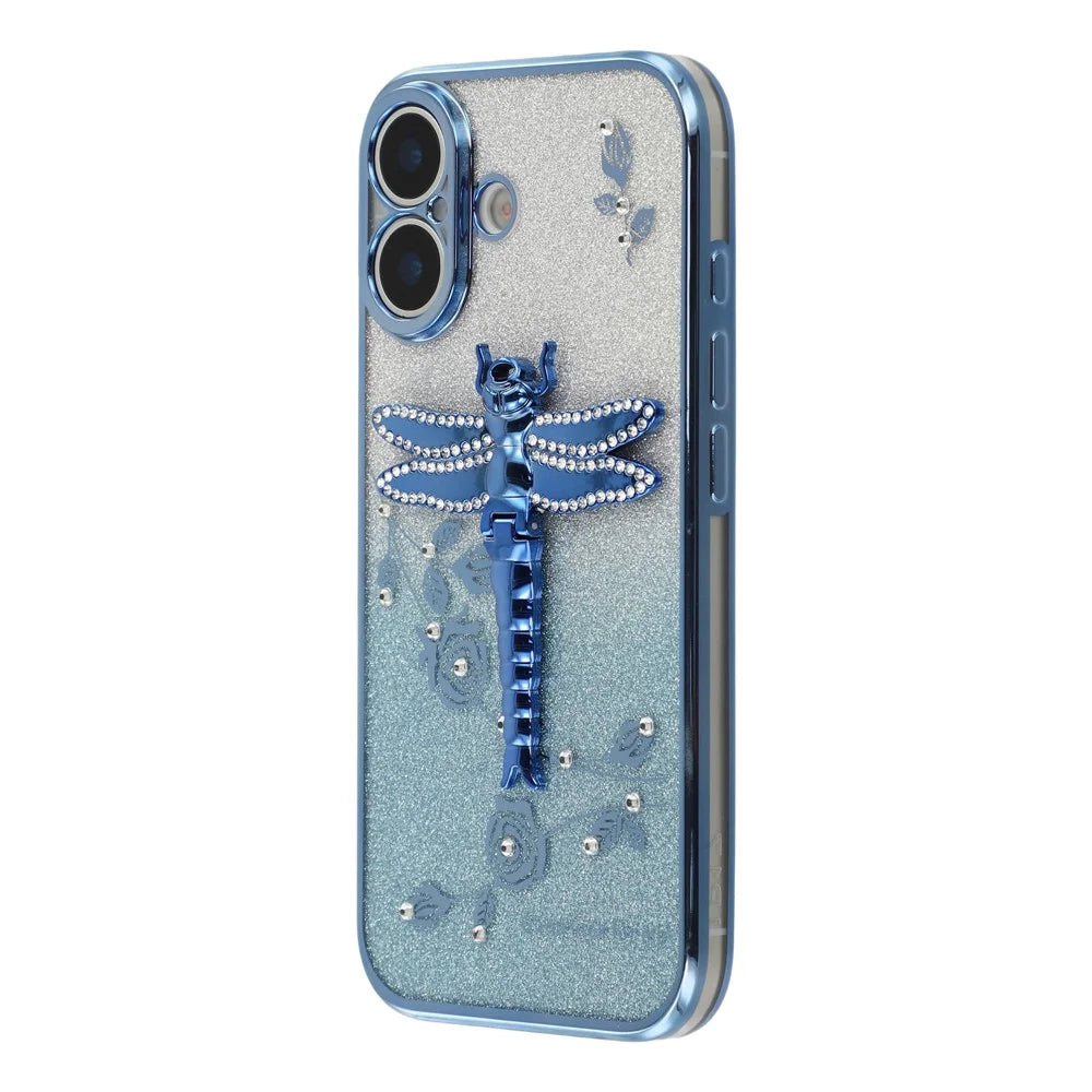 KADEM For iPhone 17 Case Dragonfly Kickstand TPU Flowers Glitter Phone Cover - Blue - 4