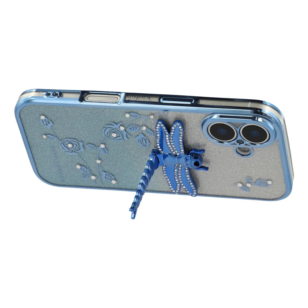 KADEM For iPhone 17 Case Dragonfly Kickstand TPU Flowers Glitter Phone Cover - Blue - 5