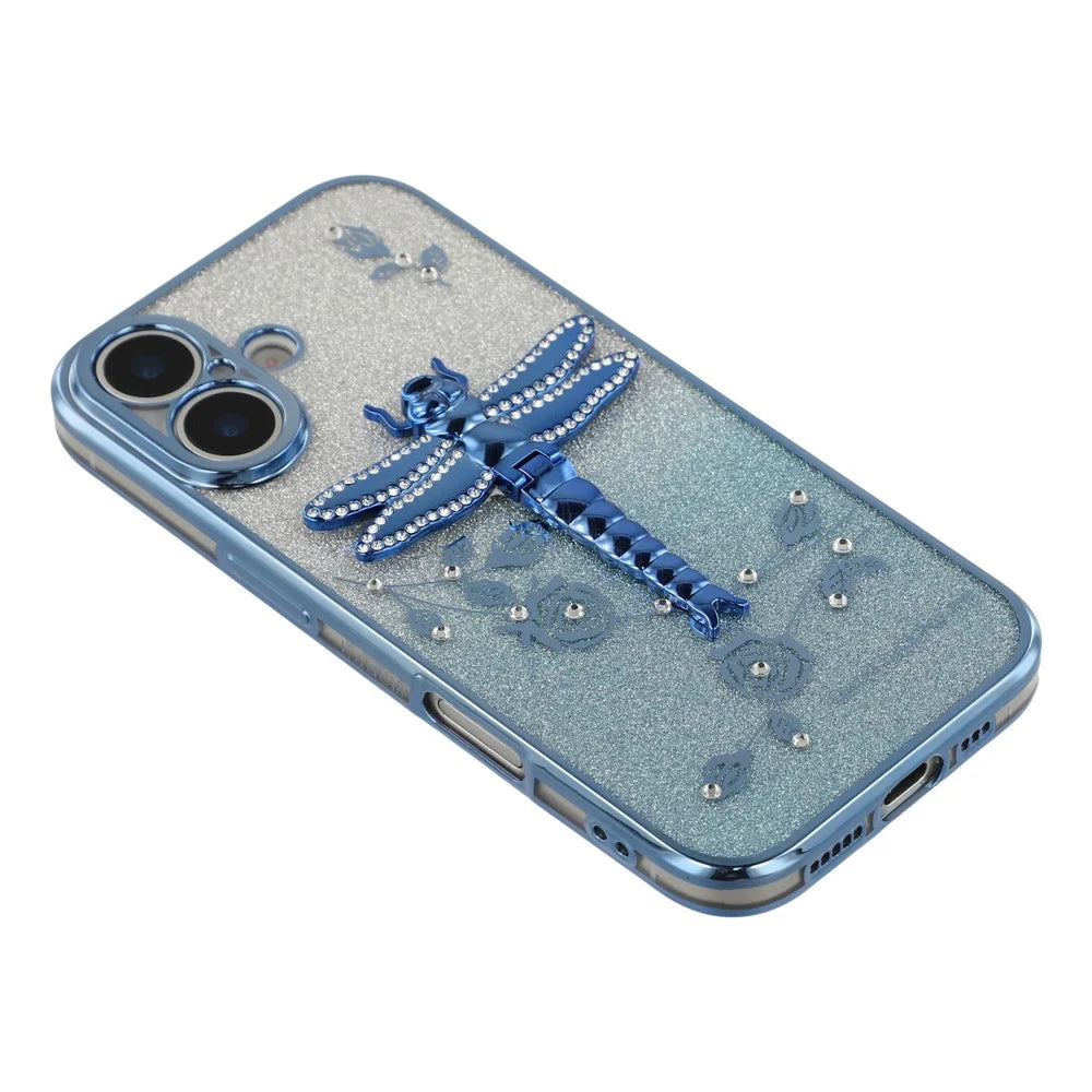 KADEM For iPhone 17 Case Dragonfly Kickstand TPU Flowers Glitter Phone Cover - Blue - 6