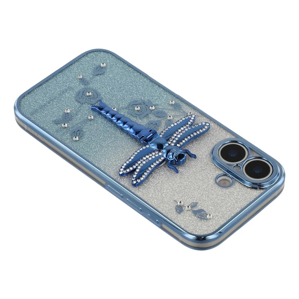 KADEM For iPhone 17 Case Dragonfly Kickstand TPU Flowers Glitter Phone Cover - Blue - 7