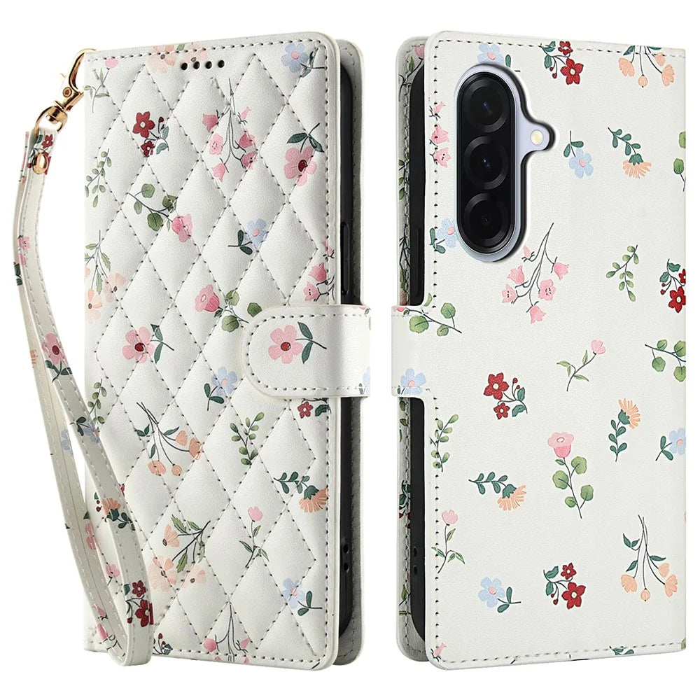 For Samsung Galaxy A18 5G / A18 4G / A17 5G / A17 4G / A26 5G Wallet Case Rhombic Floral Design Leather Flip Phone Cover with Strap - A1 - 1