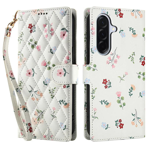 For Samsung Galaxy A18 5G / A18 4G / A17 5G / A17 4G / A26 5G Wallet Case Rhombic Floral Design Leather Flip Phone Cover with Strap - A1 - 1