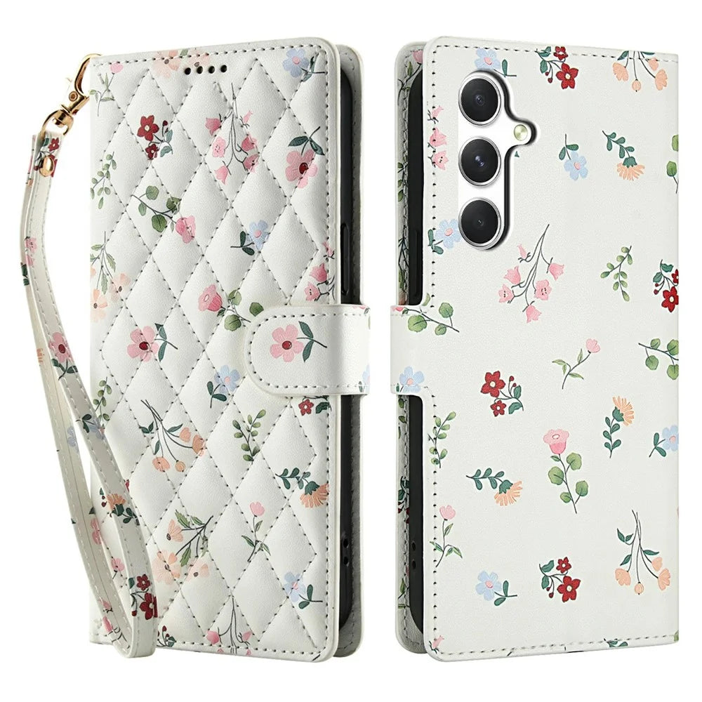 For Samsung Galaxy A55 5G Wallet Case Rhombic Floral Design Leather Flip Phone Cover with Strap - A1 - 1