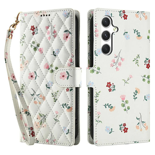 For Samsung Galaxy A25 5G (Global) (161.0 x 76.5 x 8.3mm) Wallet Case Rhombic Floral Design Leather Flip Phone Cover with Strap - A1 - 1