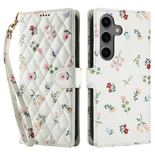 For Samsung Galaxy S25 FE Wallet Case Rhombic Floral Design Leather Flip Phone Cover with Strap - A1 - 1