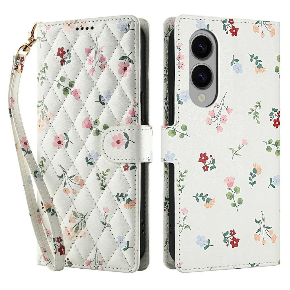 For Samsung Galaxy S25 Edge Wallet Case Rhombic Floral Design Leather Flip Phone Cover with Strap - A1 - 1