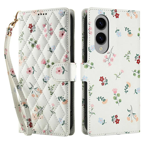 For Samsung Galaxy S25 Edge Wallet Case Rhombic Floral Design Leather Flip Phone Cover with Strap - A1 - 1