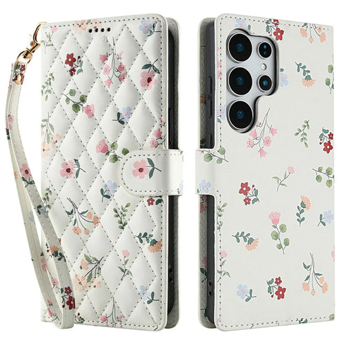 For Samsung Galaxy S25 Ultra Wallet Case Rhombic Floral Design Leather Flip Phone Cover with Strap - A1 - 1