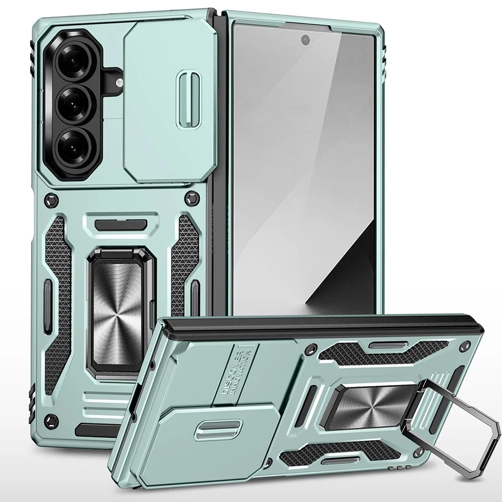 For Samsung Galaxy Z Fold7 5G Case Kickstand Slide Lens Lid PC + TPU Drop-Proof Phone Cover - Green - 1