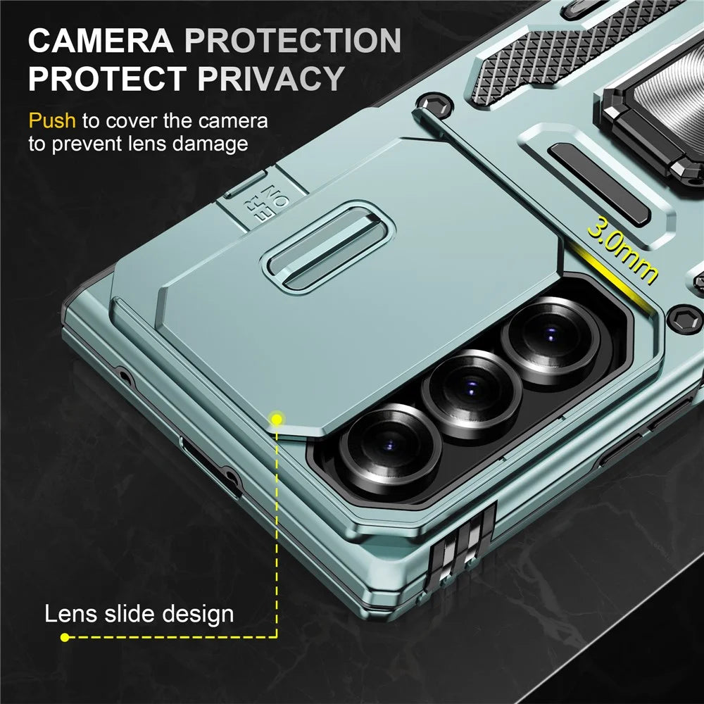 For Samsung Galaxy Z Fold7 5G Case Kickstand Slide Lens Lid PC + TPU Drop-Proof Phone Cover - Green - 6