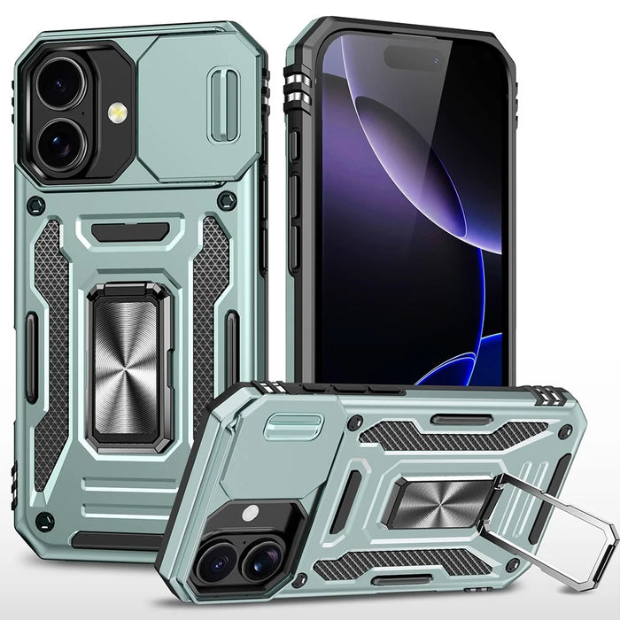 For iPhone 17 Case Kickstand Slide Lens Lid PC + TPU Drop-Proof Phone Cover - Green - 1