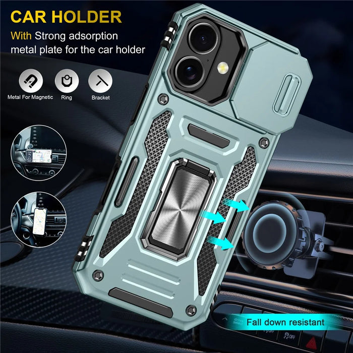 For iPhone 17 Case Kickstand Slide Lens Lid PC + TPU Drop-Proof Phone Cover - Green - 3