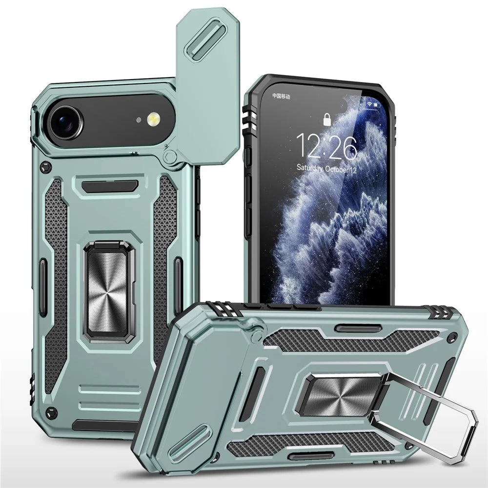 For iPhone Air Case Kickstand Slide Lens Lid PC + TPU Drop-Proof Phone Cover - Green - 1