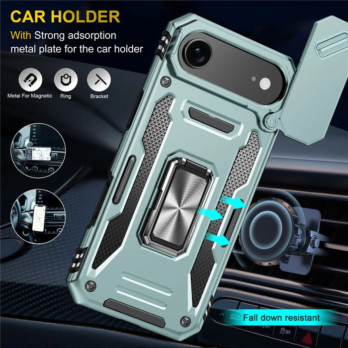 For iPhone Air Case Kickstand Slide Lens Lid PC + TPU Drop-Proof Phone Cover - Green - 3