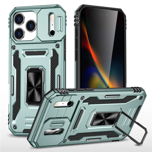 For iPhone 17 Pro Max Case Kickstand Slide Lens Lid PC + TPU Drop-Proof Phone Cover - Green - 1