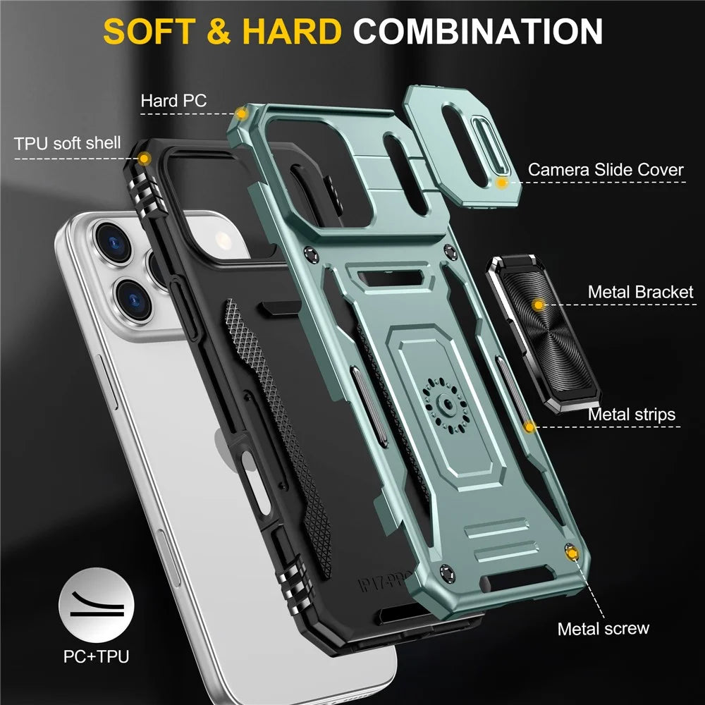 For iPhone 17 Pro Max Case Kickstand Slide Lens Lid PC + TPU Drop-Proof Phone Cover - Green - 7