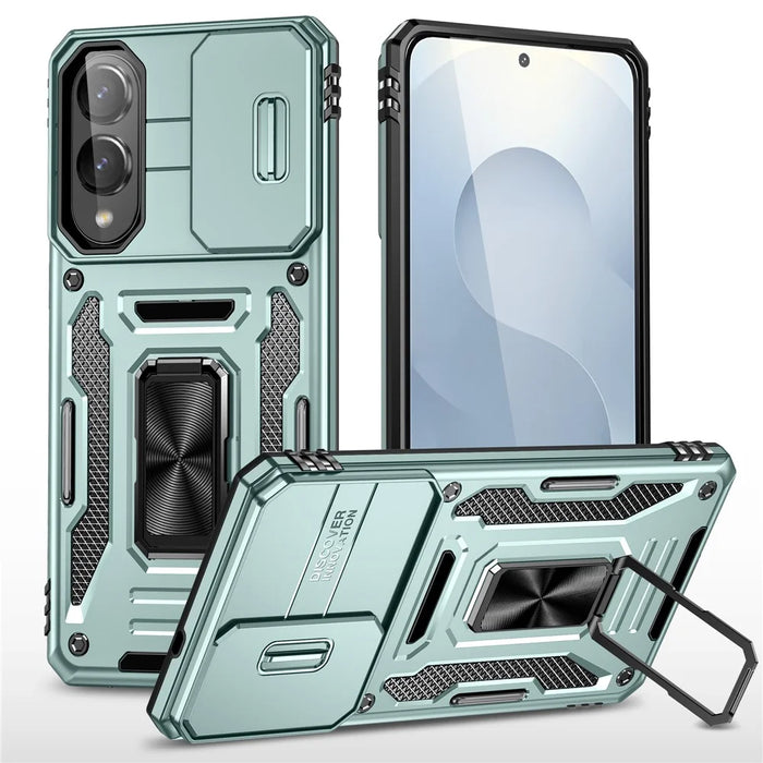 For Samsung Galaxy S25 Edge Case Kickstand Slide Lens Lid PC + TPU Drop-Proof Phone Cover - Green - 1
