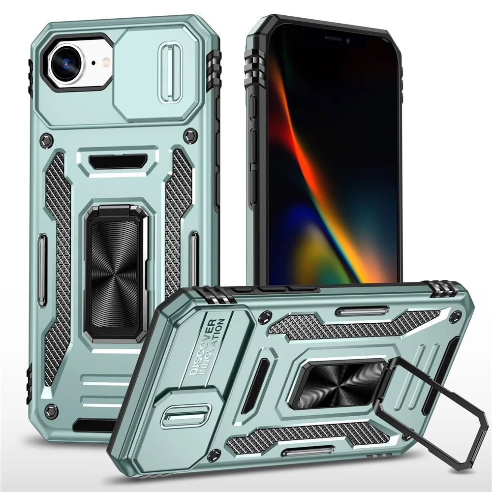 For iPhone 17e / 16e Case Kickstand Slide Lens Lid PC + TPU Drop-Proof Phone Cover - Green - 1