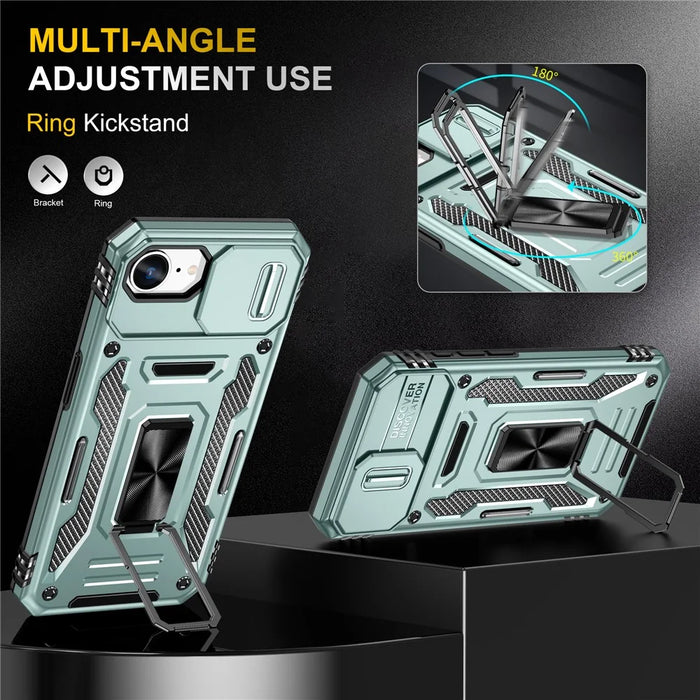 For iPhone 17e / 16e Case Kickstand Slide Lens Lid PC + TPU Drop-Proof Phone Cover - Green - 2
