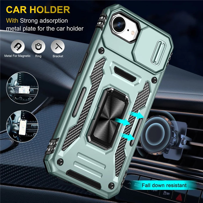 For iPhone 17e / 16e Case Kickstand Slide Lens Lid PC + TPU Drop-Proof Phone Cover - Green - 3