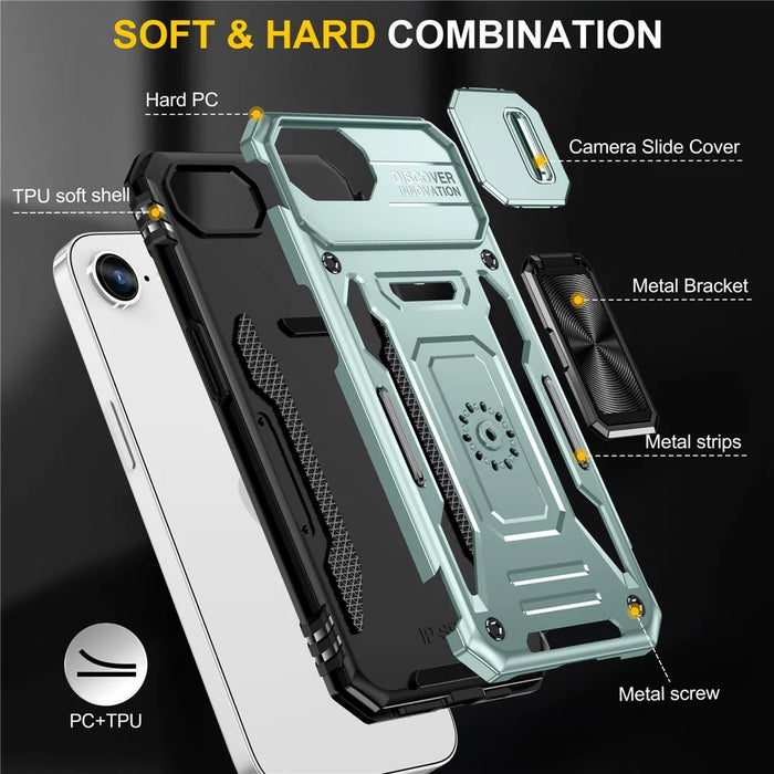 For iPhone 17e / 16e Case Kickstand Slide Lens Lid PC + TPU Drop-Proof Phone Cover - Green - 7