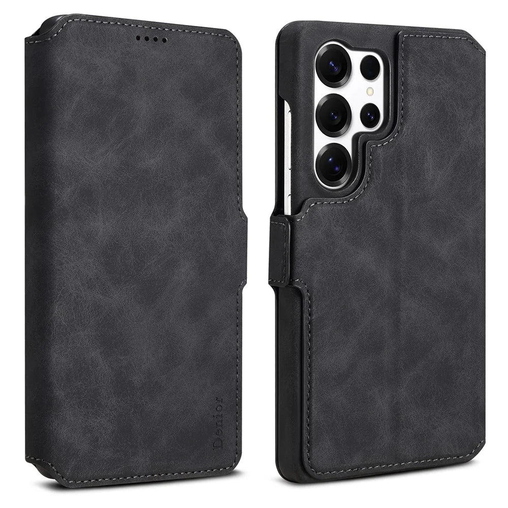 DENIOR B07 For Samsung Galaxy S25 Ultra Case Leather + PC Magnetic Detachable Wallet Phone Cover - Black - 1