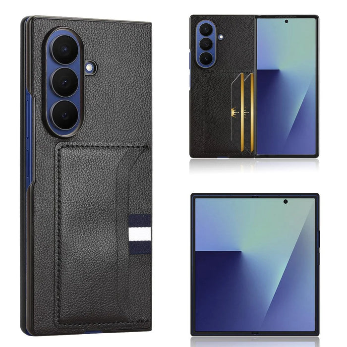 For Samsung Galaxy Z Fold7 5G Case Card Holder Litchi Texture Leather + PC Phone Cover - Black - 1