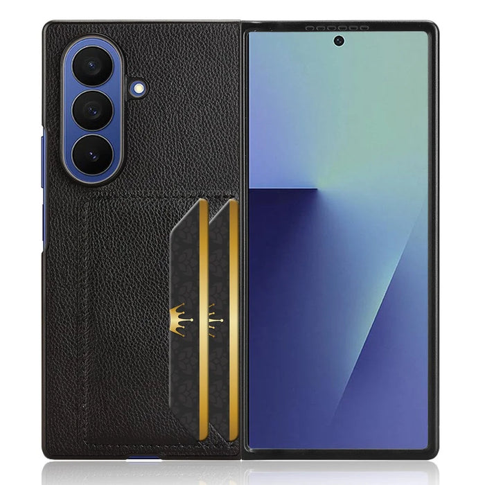 For Samsung Galaxy Z Fold7 5G Case Card Holder Litchi Texture Leather + PC Phone Cover - Black - 5