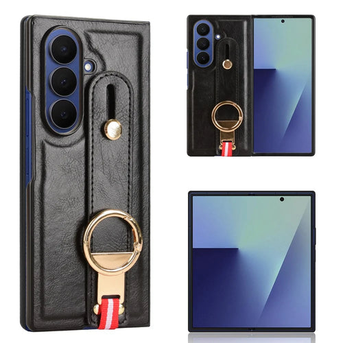 For Samsung Galaxy Z Fold7 5G Case Wristband Kickstand Leather + PC + TPU Phone Cover with Bottle Opener - Black - 1