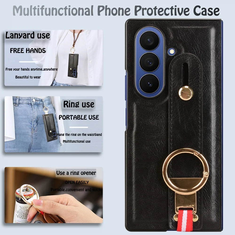 For Samsung Galaxy Z Fold7 5G Case Wristband Kickstand Leather + PC + TPU Phone Cover with Bottle Opener - Black - 6