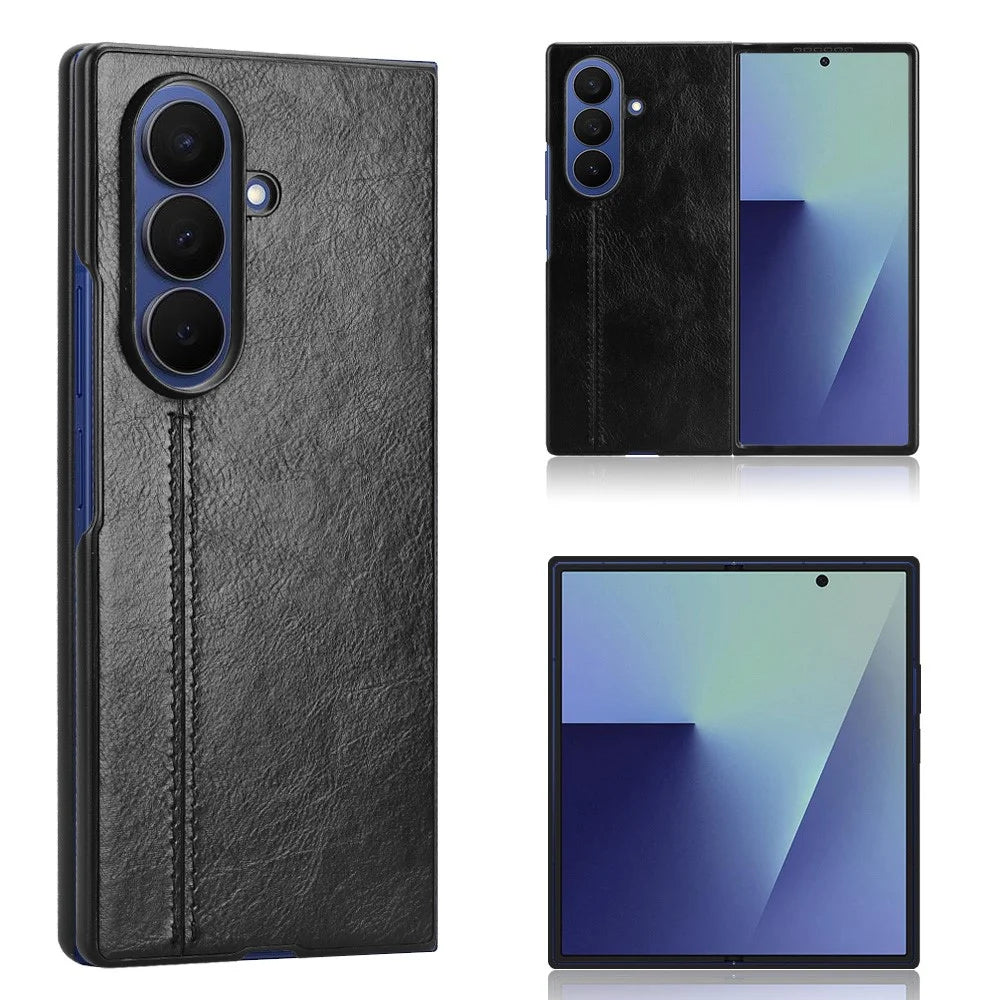 For Samsung Galaxy Z Fold7 5G Case Stitching Line PU Leather Coated PC Phone Cover - Black - 1