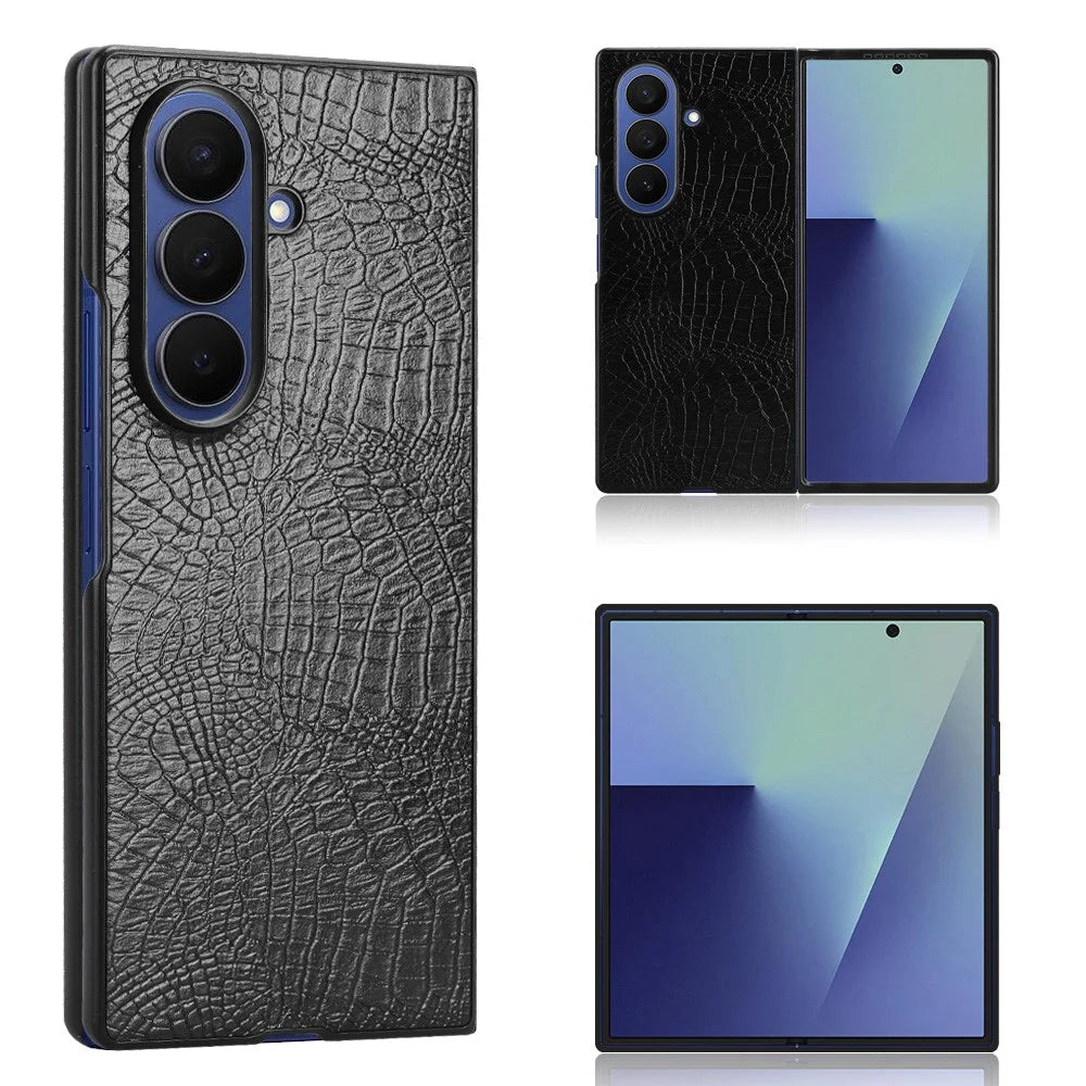 For Samsung Galaxy Z Fold7 5G Case Crocodile Texture Leather Coated Hard PC Phone Cover - Black - 1
