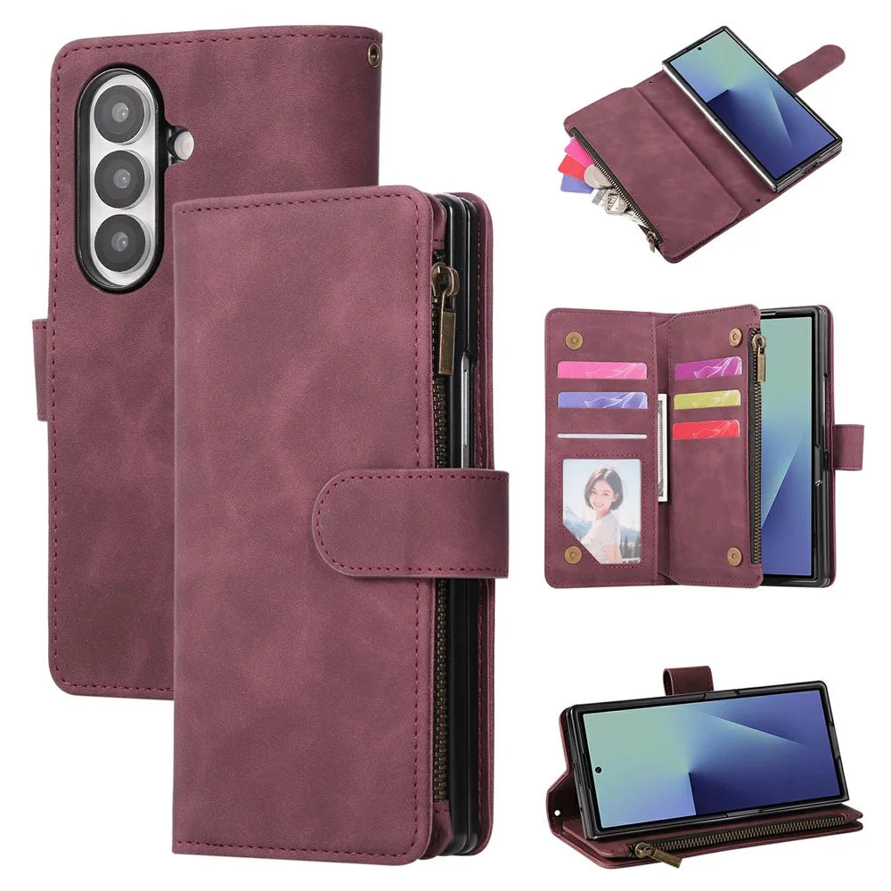 For Samsung Galaxy Z Fold7 5G Case Zipper Multi-Pocket Wallet Leather Phone Cover with Shoulder and Wrist Straps - Wine Red - 1