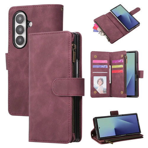 For Samsung Galaxy Z Fold7 5G Case Zipper Multi-Pocket Wallet Leather Phone Cover with Shoulder and Wrist Straps - Wine Red - 1