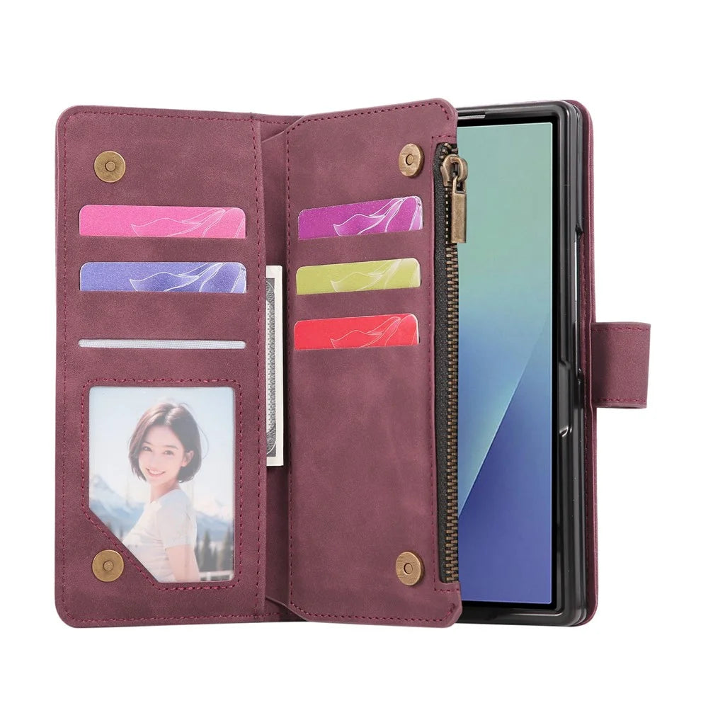 For Samsung Galaxy Z Fold7 5G Case Zipper Multi-Pocket Wallet Leather Phone Cover with Shoulder and Wrist Straps - Wine Red - 2