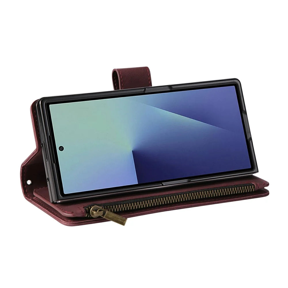 For Samsung Galaxy Z Fold7 5G Case Zipper Multi-Pocket Wallet Leather Phone Cover with Shoulder and Wrist Straps - Wine Red - 3