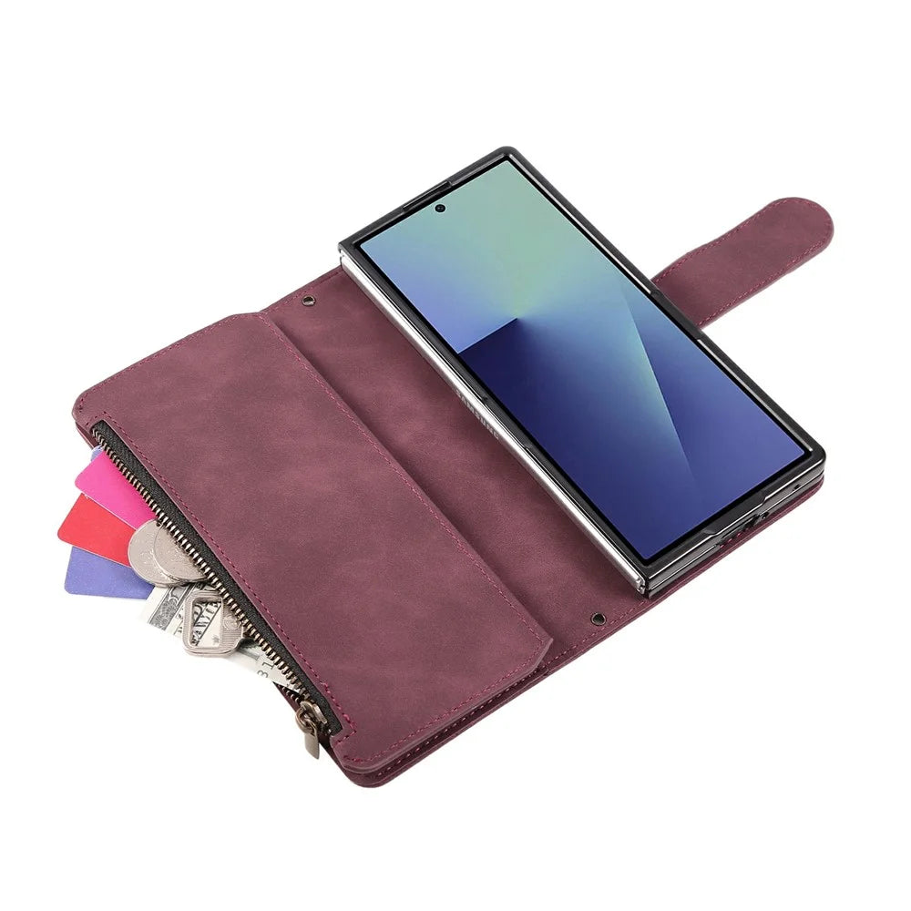 For Samsung Galaxy Z Fold7 5G Case Zipper Multi-Pocket Wallet Leather Phone Cover with Shoulder and Wrist Straps - Wine Red - 5