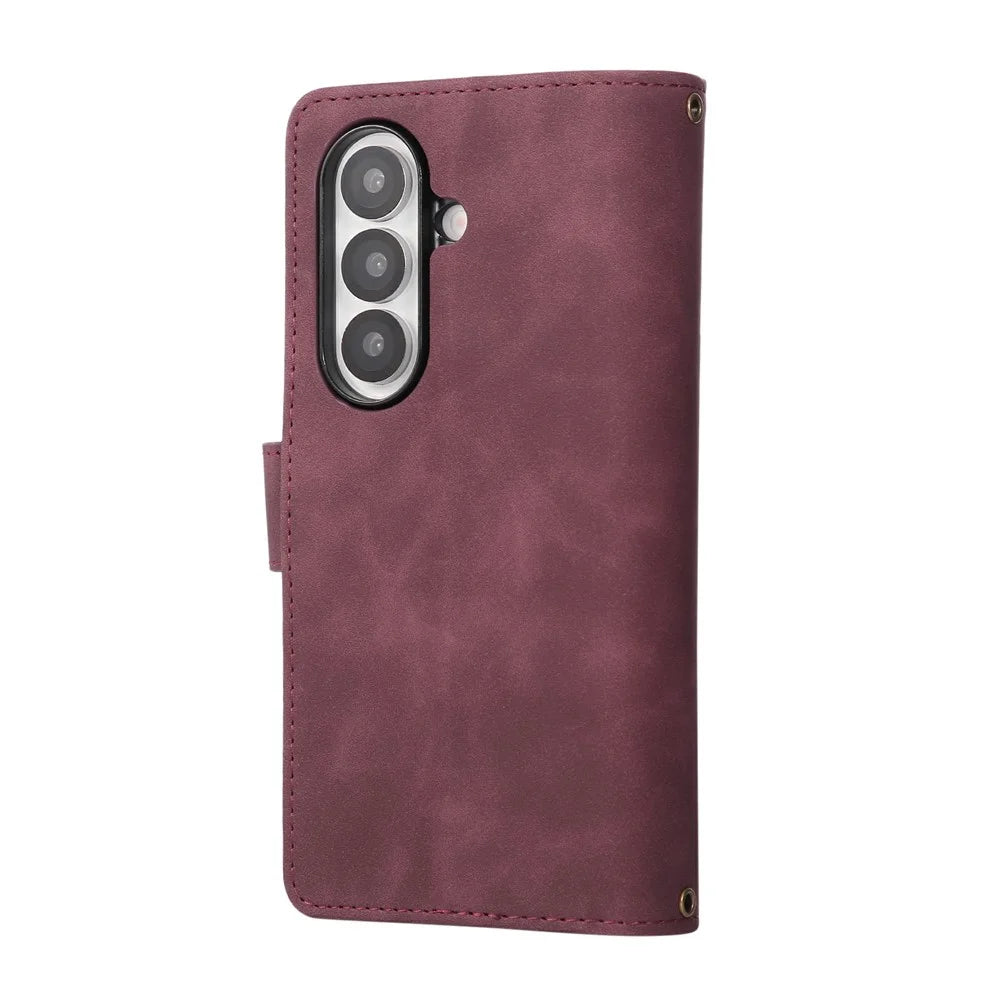 For Samsung Galaxy Z Fold7 5G Case Zipper Multi-Pocket Wallet Leather Phone Cover with Shoulder and Wrist Straps - Wine Red - 7