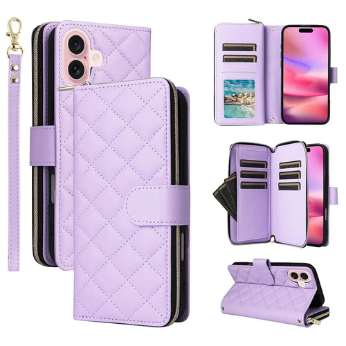For iPhone 17 Case Zipper Wallet Rhombus PU Leather Crossbody Phone Cover - Purple - 1