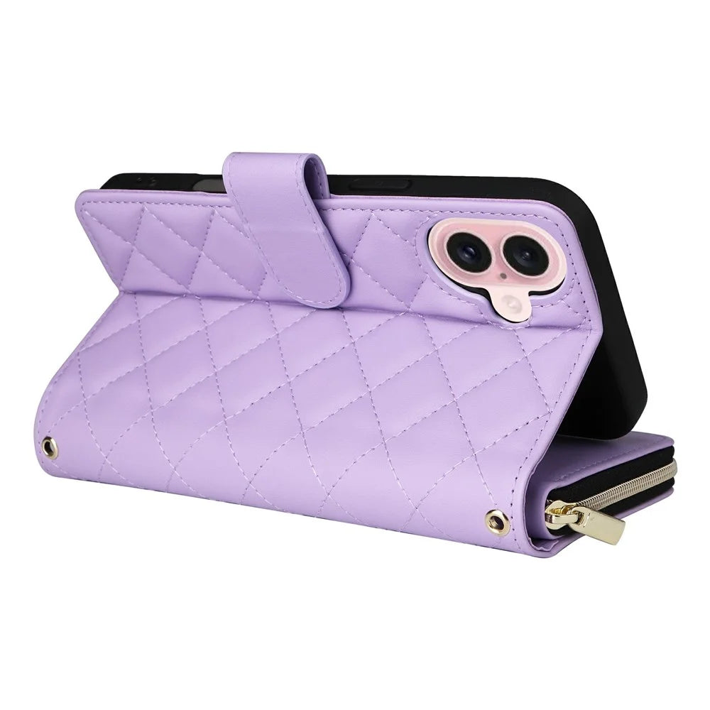 For iPhone 17 Case Zipper Wallet Rhombus PU Leather Crossbody Phone Cover - Purple - 5
