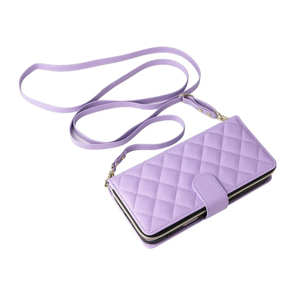 For iPhone 17 Case Zipper Wallet Rhombus PU Leather Crossbody Phone Cover - Purple - 6
