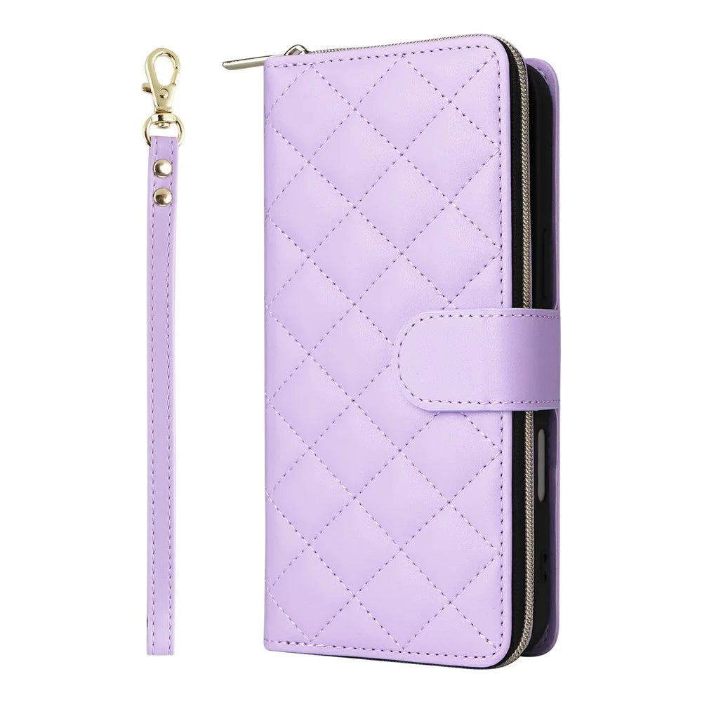 For iPhone 17 Case Zipper Wallet Rhombus PU Leather Crossbody Phone Cover - Purple - 7