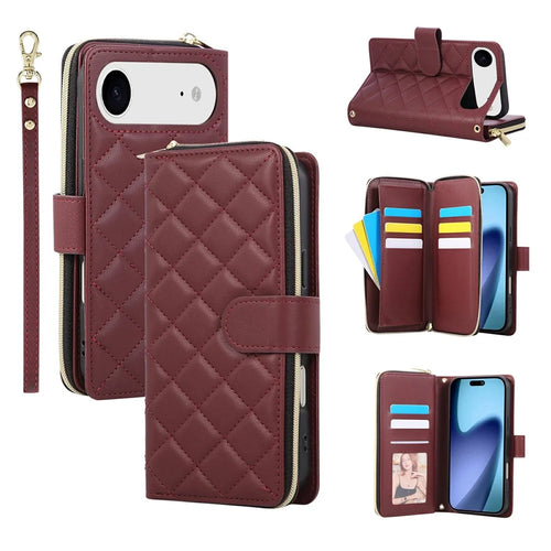 For iPhone Air Case Zipper Wallet Rhombus PU Leather Crossbody Phone Cover - Wine Red - 1