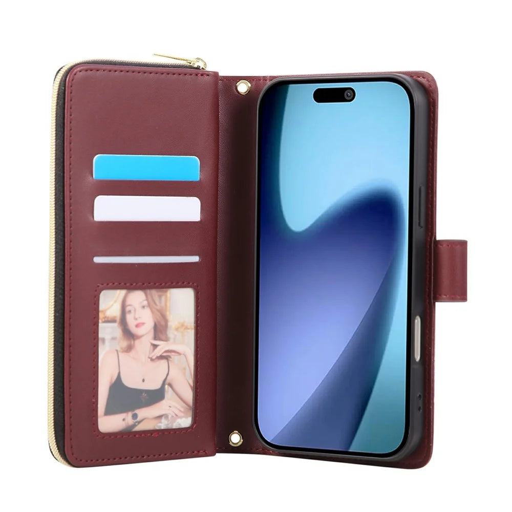 For iPhone Air Case Zipper Wallet Rhombus PU Leather Crossbody Phone Cover - Wine Red - 2