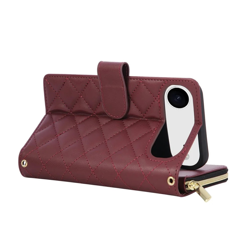 For iPhone Air Case Zipper Wallet Rhombus PU Leather Crossbody Phone Cover - Wine Red - 5
