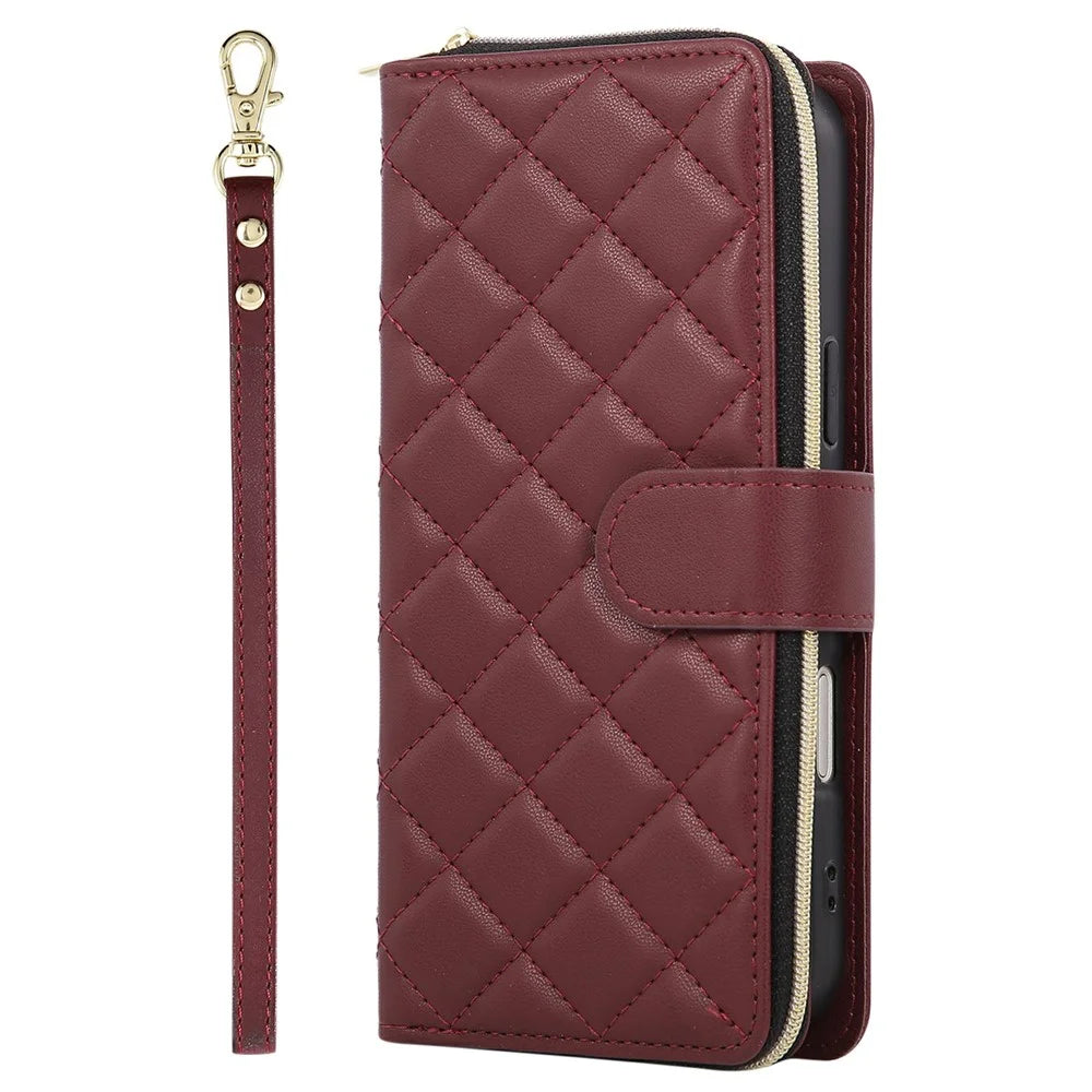 For iPhone Air Case Zipper Wallet Rhombus PU Leather Crossbody Phone Cover - Wine Red - 7