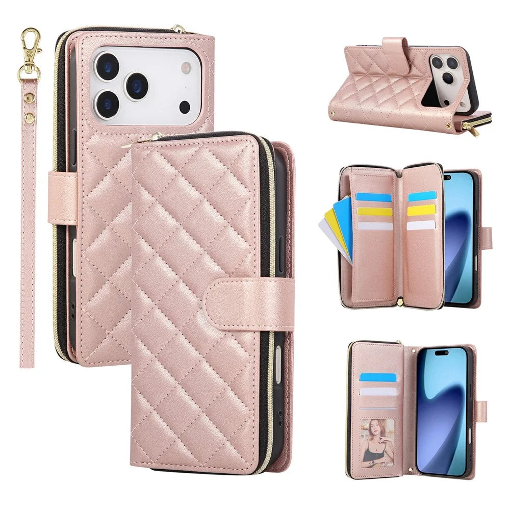 For iPhone 18 Pro / 17 Pro Case Zipper Wallet Rhombus PU Leather Crossbody Phone Cover - Rose Gold - 1